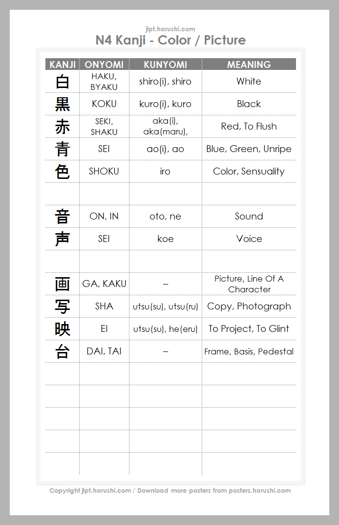 JLPT N4 Kanji - Color / Picture